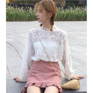 Embroidered Blouse / Frill Hem A-line Skirt