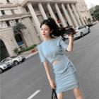 Set: Short-sleeve Twisted Knit Top + Knit Skirt Blue - One Size