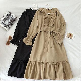 Plain V-neck Ruffled-trim Flare-sleeve Dress