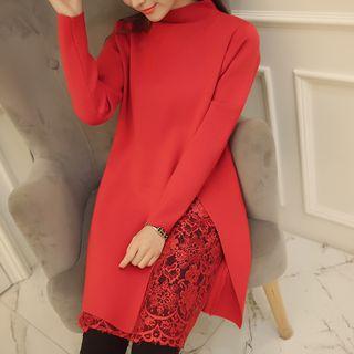 Mock Turtleneck Long-sleeve Lace Panel Mini Knit Dress