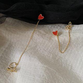 Heart Chained Earring 925 Sterling Silver - Red - One Size