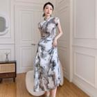Short-sleeve Print Qipao Tunic / Midi A-line Skirt