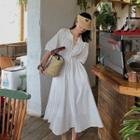 Split-neck Elbow-sleeve Midi A-line Dress