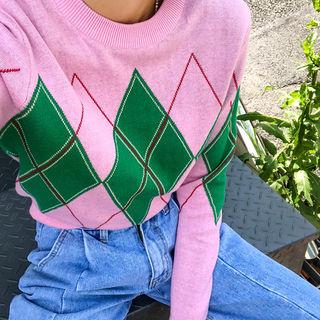 Bishop-sleeve Argyle Sweater