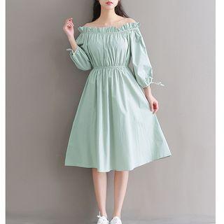 Frill Trim Off Shoulder 3/4 Sleeve Dress