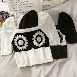 Square-neck Printed Crop Knit Top