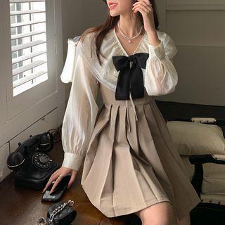 Bow Accent Lace Trim Blouse / Mini Overall Dress