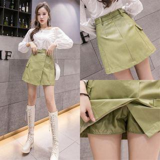 High-waist Asymmetric Faux Leather A-line Skirt