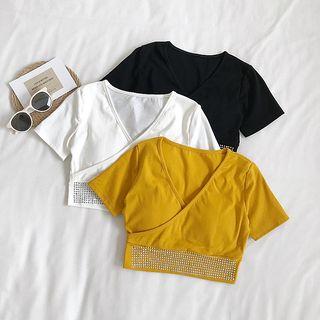 Beaded Padded Short-sleeve Cropped Top