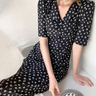 Open-placket Patterned Chiffon Shirtdress Black - One Size