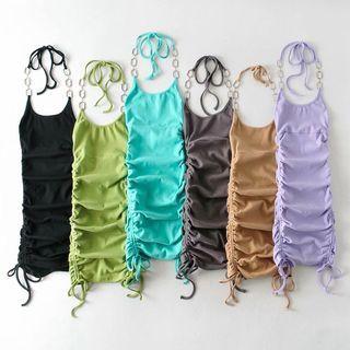 Spaghetti-strap Halter Drawstring Mini Sheath Dress