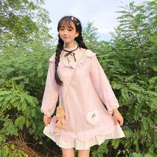 Long-sleeve Mock Neck Frill-trim Mini A-line Dress Pink - One Size