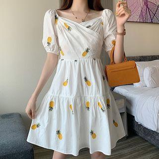 Pineapple Embroidered Short-sleeve A-line Dress White - One Size