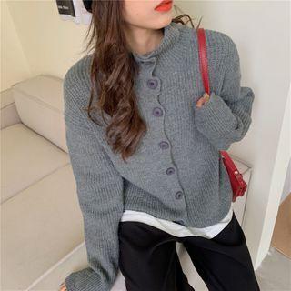 Long-sleeve High-neck Plain Knit Cardigan