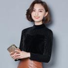 Long-sleeve Mock-neck Velvet Pullover