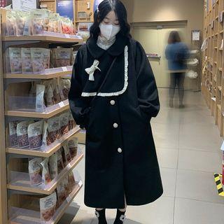 Frill Trim Button-up Long Coat Black - One Size