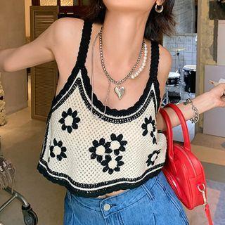Flower Embroidered Crochet Knit Cropped Camisole Top Black & White - One Size