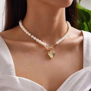 Heart Pendant Bead Necklace Gold - One Size