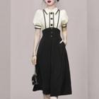 Puff-sleeve Collar Contrast Trim Midi A-line Dress