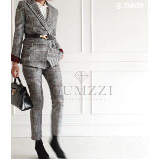 Set: Peaked-lapel Checked Blazer + Straight-cut Pants + Skirt