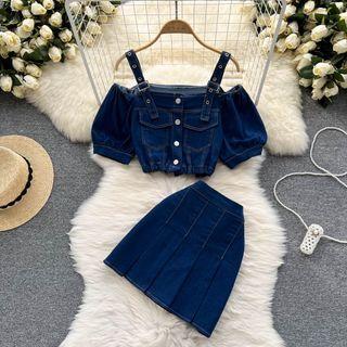Set: Puff-sleeve Cold-shoulder Denim Top + Pleated Mini A-line Skirt