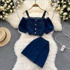 Set: Puff-sleeve Cold-shoulder Denim Top + Pleated Mini A-line Skirt