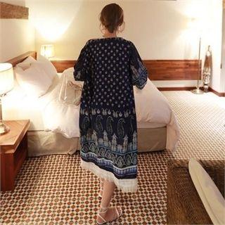 Fringe-trim Paisley Long Robe Cardigan