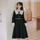 Set: Long-sleeve Collared Midi A-line Dress + Faux Leather Belt
