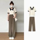 Short Sleeve Contrast Trim Top / High Waist Plain Wide-leg Dress Pants