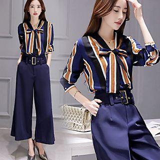 Set: Stripe Tie-neck Blouse + Wide Leg Pants