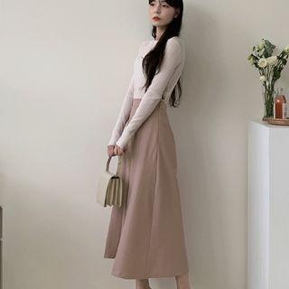 Belt-loop Pleated Long Skirt Pink - One Size