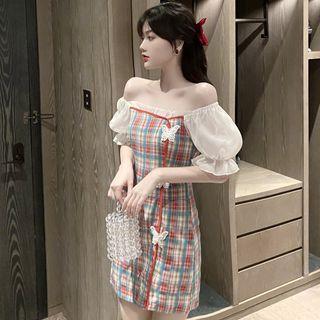 Puff-sleeve Off-shoulder Plaid Panel Mini A-line Dress