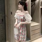 Puff-sleeve Off-shoulder Plaid Panel Mini A-line Dress