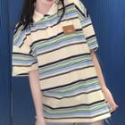 Elbow-sleeve Striped Polo Shirt Stripe - Beige & Green & Black - One Size