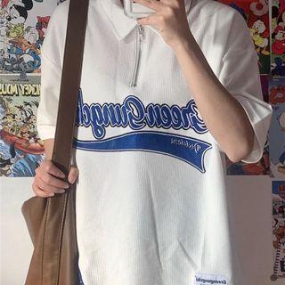 Oversized Elbow-sleeve Lettering Polo Shirt