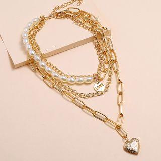 Asymmetric Faux Pearl Heart Pendant Layered Choker Necklace Gold - One Size