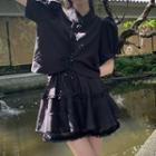 Short-sleeve Frog Buttoned Blouse / Mesh Mini Skirt