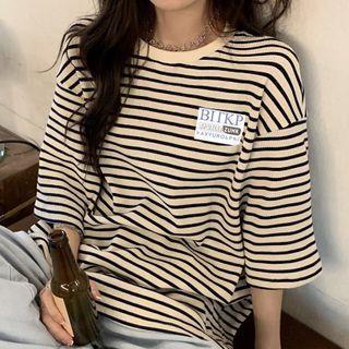 Elbow-sleeve Striped T-shirt Khaki - One Size