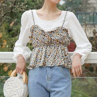 Mock Two-piece Blouse Floral - White & Yellow & Black - One Size
