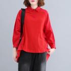 Polo Collar Knit Panel Long-sleeve Top Red - One Size