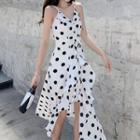 Dotted Drawstring Spaghetti Strap Midi A-line Dress