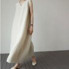 Sleeveless V-neck Midi Smock Dress White - One Size