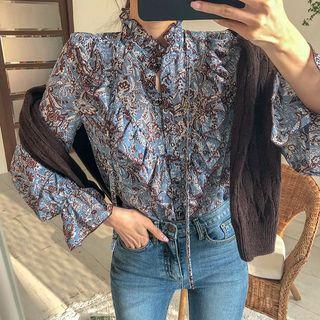 High-neck Frilled Floral Blouse
