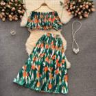 Set: Off-shoulder Flower Print Crop Top + Midi A-line Skirt