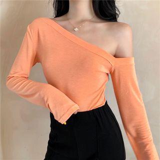 Plain Long-sleeve T-shirt / Cutout Cropped Top / High Waist Boot-cut Pants