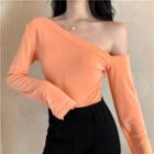 Plain Long-sleeve T-shirt / Cutout Cropped Top / High Waist Boot-cut Pants