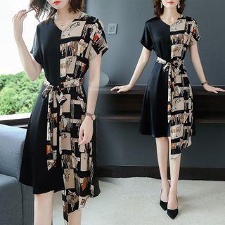Short Sleeve Asymmetric Print A-line Dress