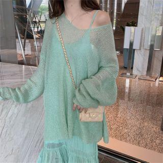 Spaghetti Strap Shirred Midi A-line Dress / Plain Knit Top