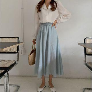Plain Long-sleeve Blouse / Plain Midi A-line Skirt