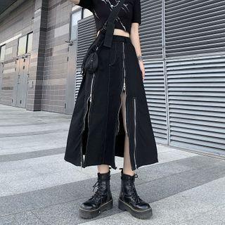 Zip Accent Midi A-line Skirt